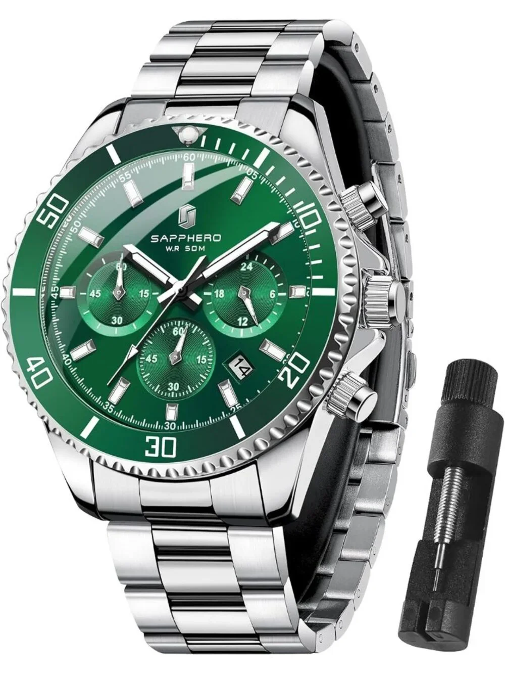 Men's Silver Strap/ Green face Chronograph Stainless Steel Quartz Wrist Watch